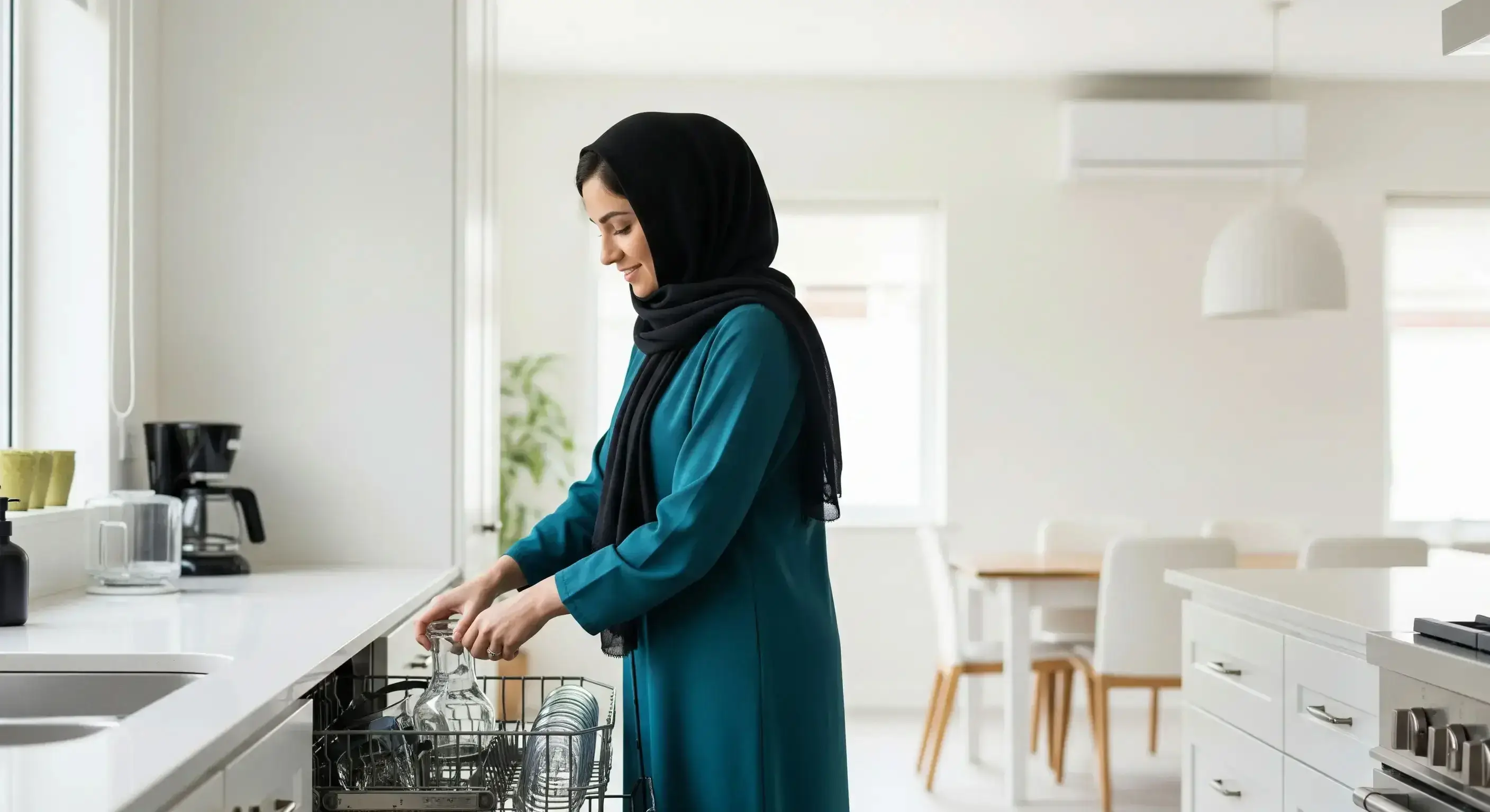 زن ایرانی محجبه با لبخند رضایت در حال استفاده از ماشین ظرفشویی در آشپزخانه‌ای مدرن و مرتب